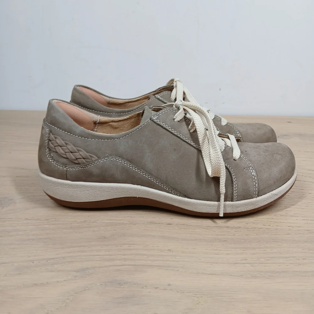 Aetrex Taupe Tan Leather Lace Up Comfort Walking Braided Detail Sneakers 1640